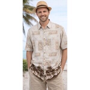 Extreme Gear Men's Hawaiian Aloha Tropical Button Down Shirt Beige Palm Trees  L